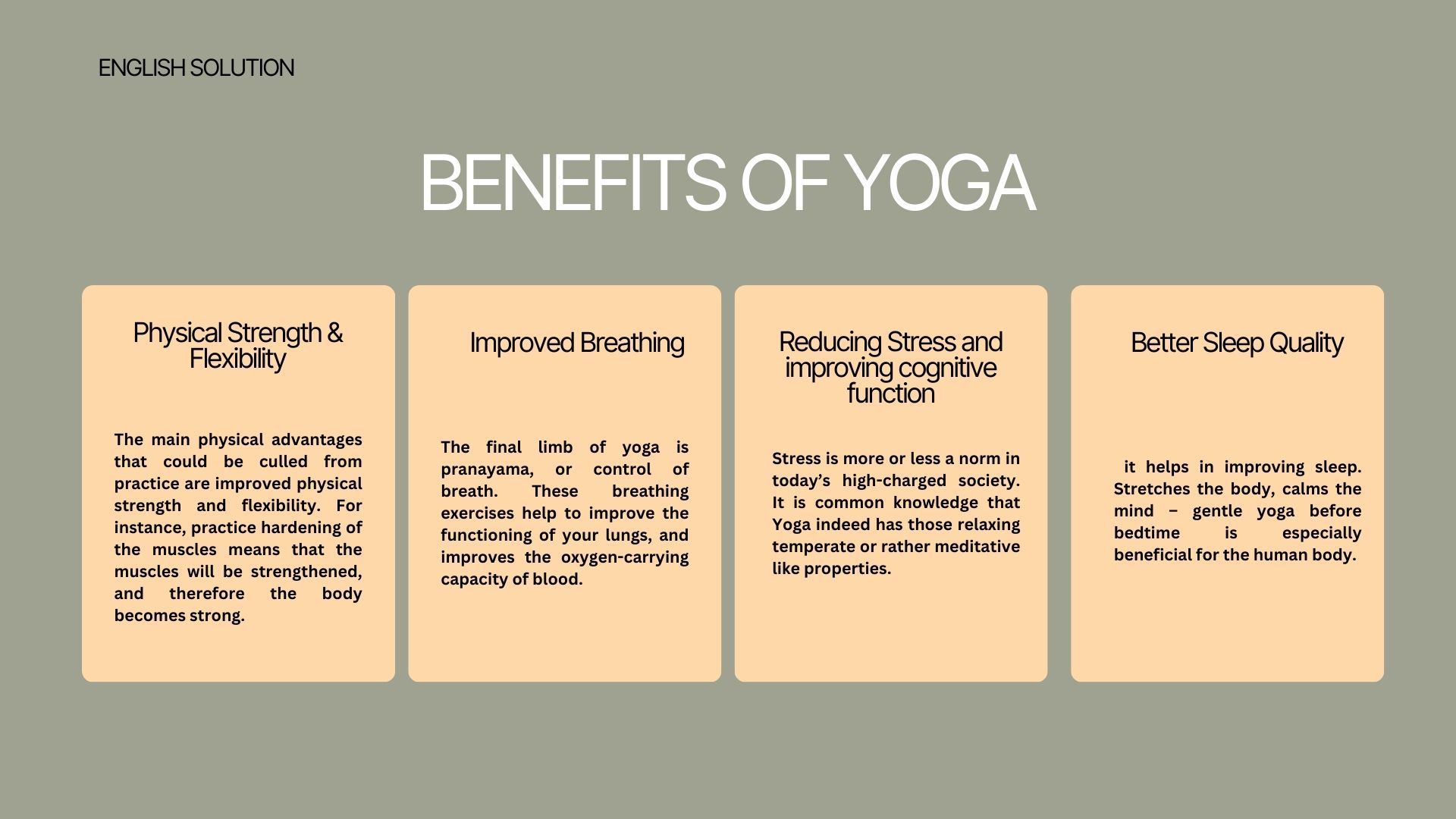 Benefits of yoga overview: strength, breathing, stress relief, and sleep improvement.