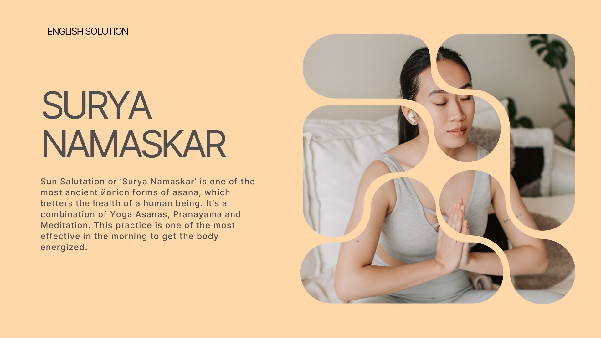 Woman meditating in prayer pose with Surya Namaskar benefits written in soft tones.