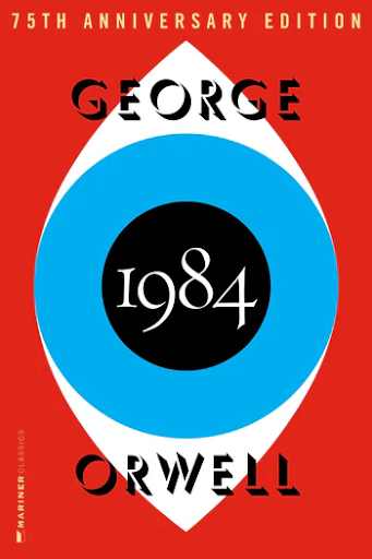 Cover of George Orwell's book '1984,' depicting a dystopian world under surveillance.