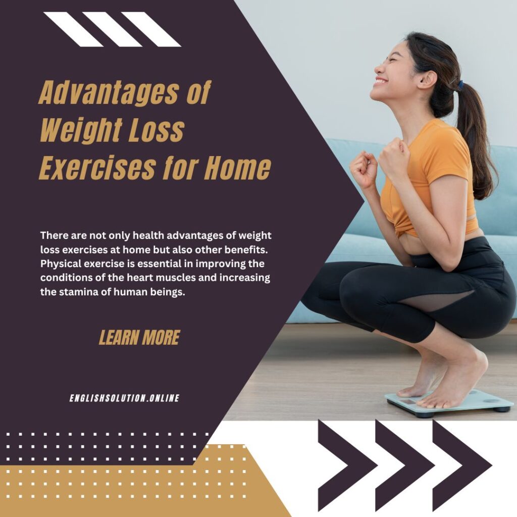 A happy woman on a weighing scale celebrating weight loss with text promoting home exercises and their advantages, branded by 'English Solution' with a 'Learn More' button.
